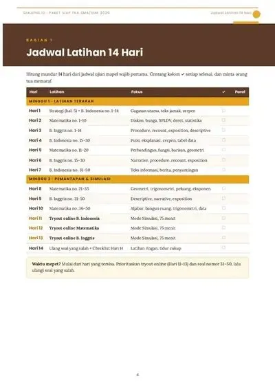 Halaman jadwal latihan 14 hari di modul