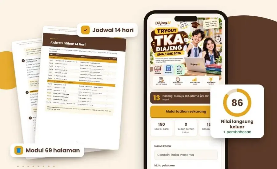 Modul PDF Paket Siap TKA dan aplikasi tryout online di HP